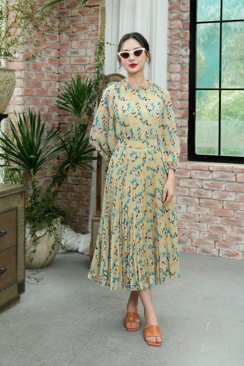 Sixdo Light Green Floral Midi Voile Dress